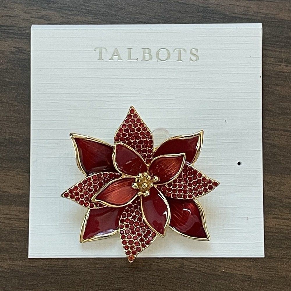 Talbots Red Poinsettia Brooch Gold‎ Tone Rhinestone Enamel Christmas Pin New